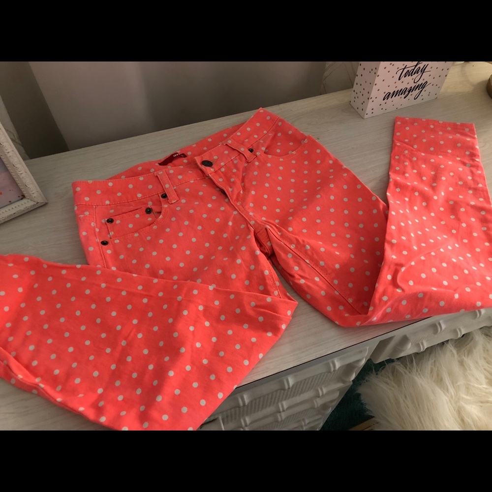 Bright orange with polka dots skinny jeans